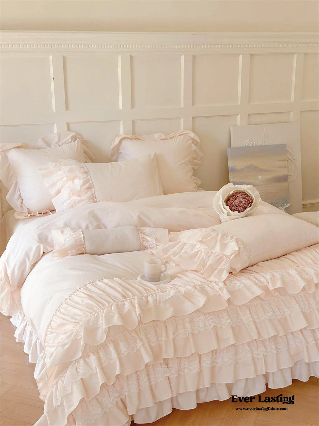 Princess Ruffle Lace Washed Cotton Bedding Set / Pink Ever Lasting