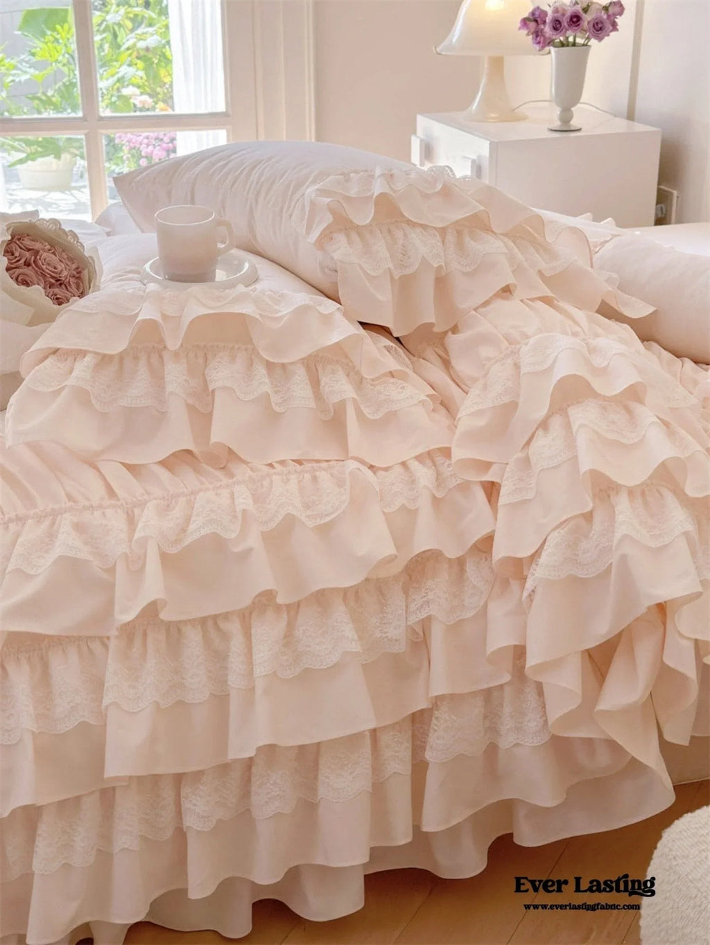 Princess Ruffle Lace Washed Cotton Bedding Set / Pink Ever Lasting