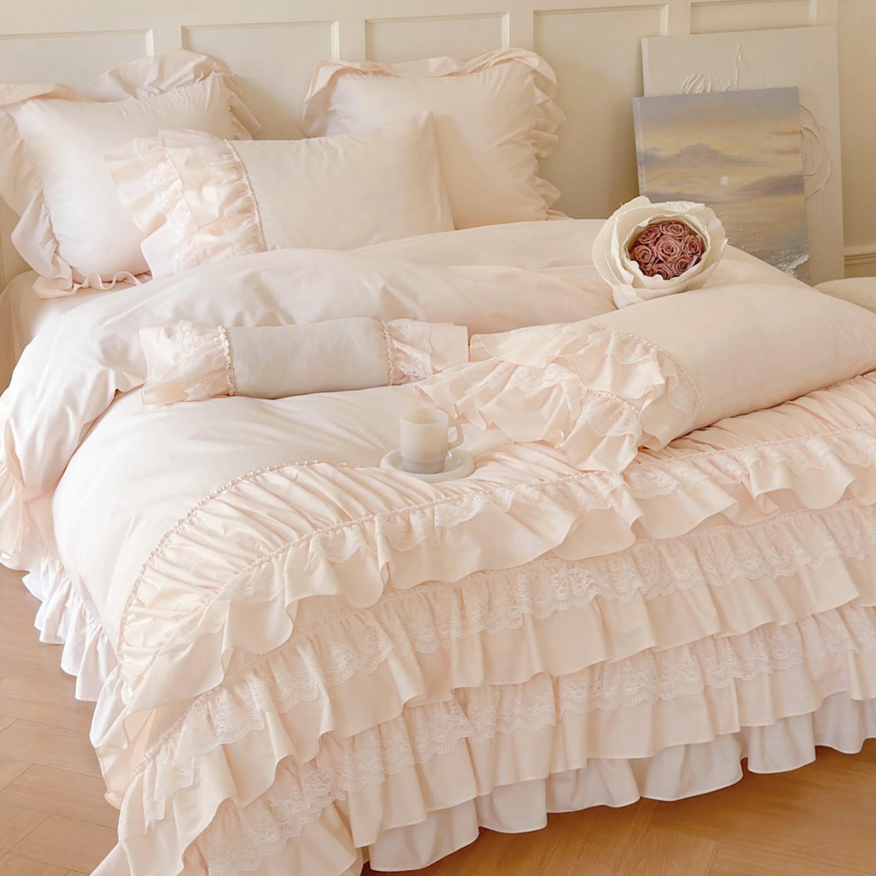 Princess Ruffle Lace Washed Cotton Bedding Set / Pink Ever Lasting