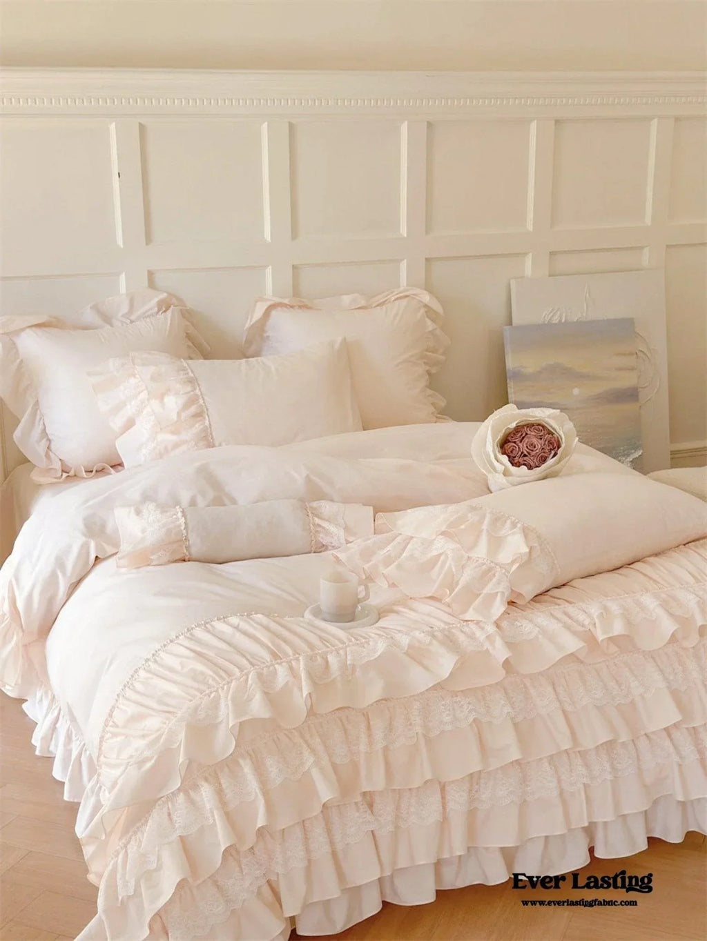 Princess Ruffle Lace Washed Cotton Bedding Set / Pink Ever Lasting