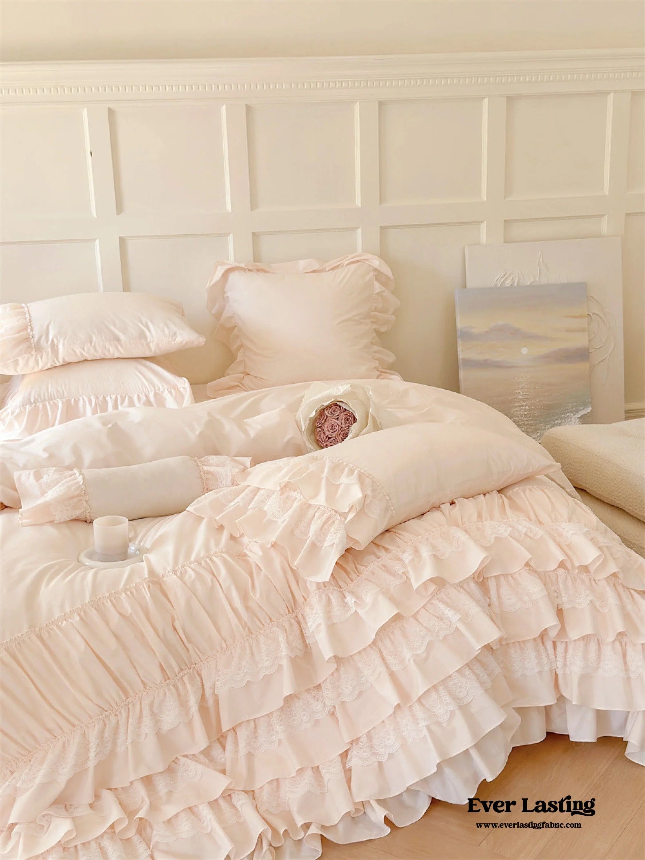 Princess Ruffle Lace Washed Cotton Bedding Set / Pink Ever Lasting
