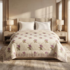 Cream & Mauve Jaipur Indian hand block print floral quilted comforter | Jaipur Indian hand block print cotton muslin quilted comforter | Sanganer floral block print bedding | Queen King size quilt India | House of Avana