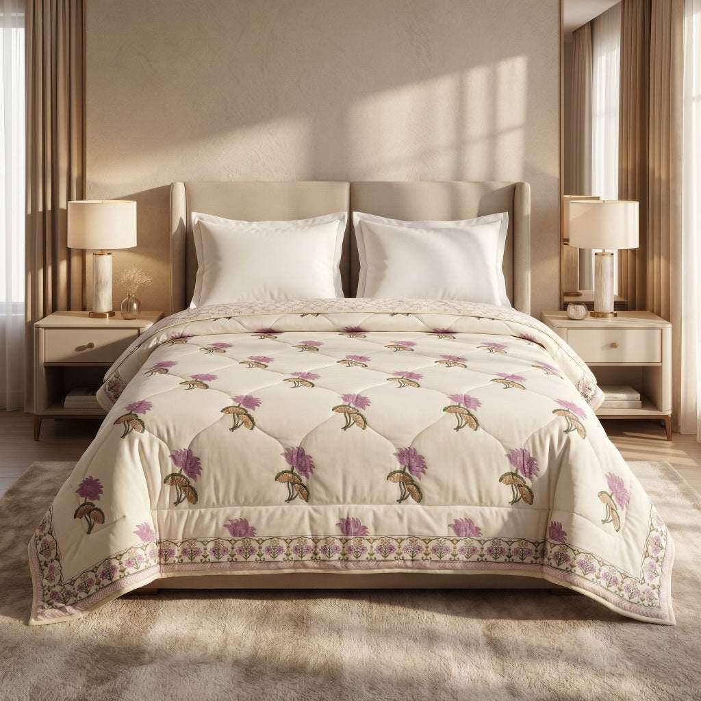 Cream & Mauve Jaipur Indian hand block print floral quilted comforter | Jaipur Indian hand block print cotton muslin quilted comforter | Sanganer floral block print bedding | Queen King size quilt India | House of Avana [[SKU:HOA-COM-MVOG-007-K]]