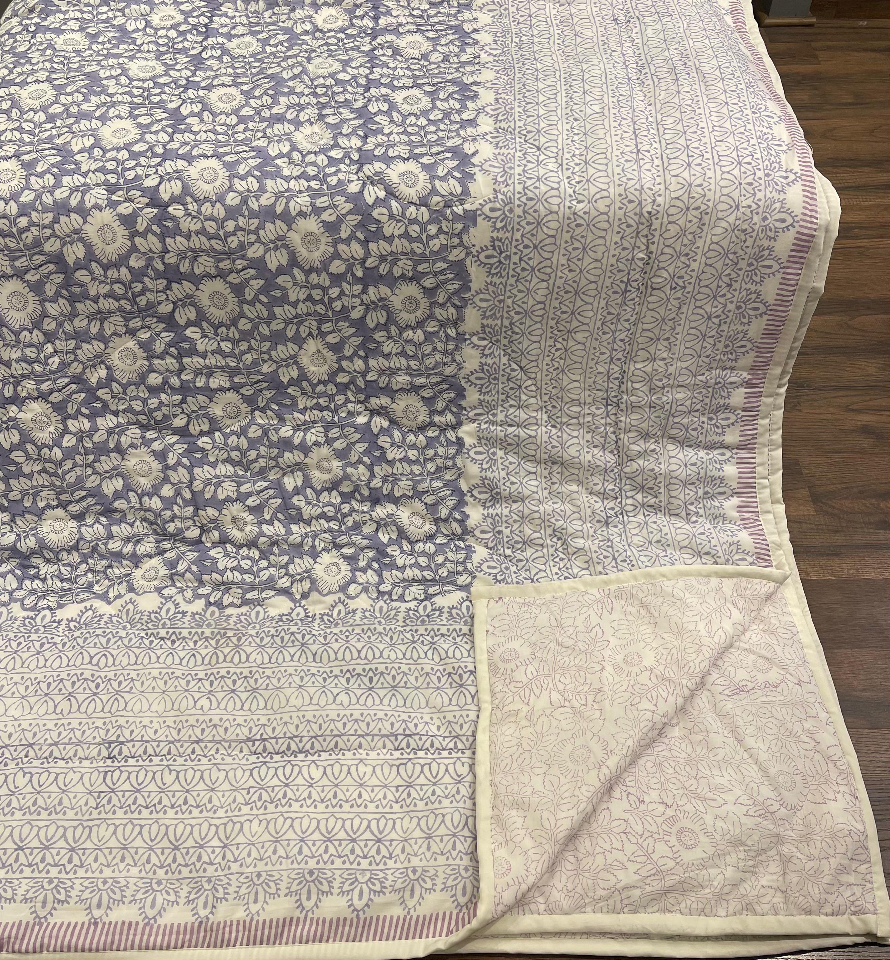 Cream & Sage Green Jaipur Indian hand block print floral quilted comforter | Jaipur Indian hand block print cotton muslin quilted comforter | Sanganer floral block print bedding | Queen King size quilt India | House of Avana