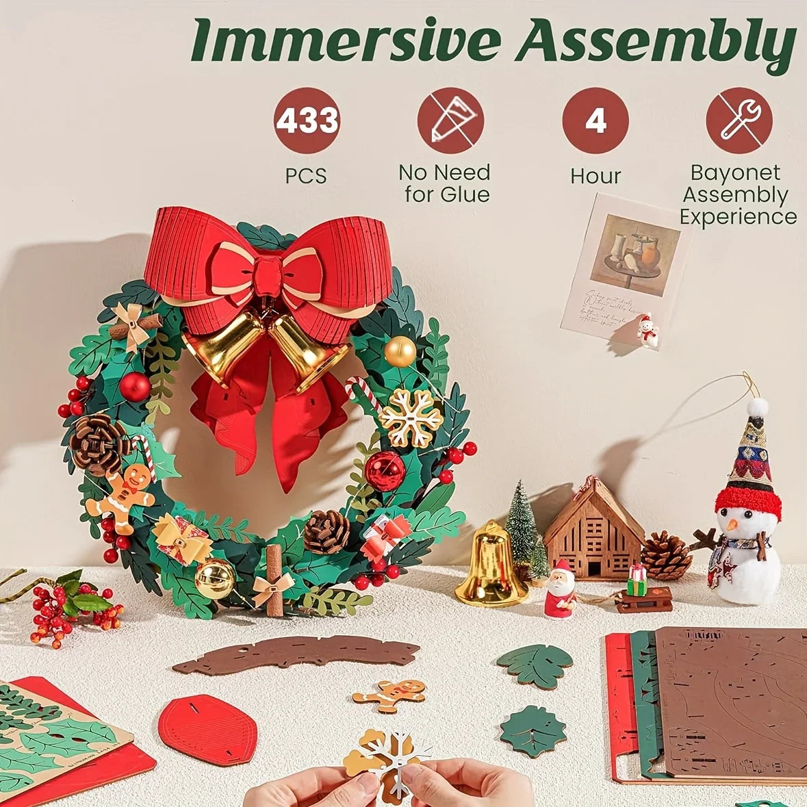 Rolife 3D Puzzle Wreath Kit with Bow - 3D Christmas Door Decoration with Red & Golden Bow, Green Foliage, Pine Cones, Berries & Snowflakes - Challenging Puzzle for Adults & Teens 14+, Indoor/Outdoor Holiday Home Decor, Festiv House Of Avana