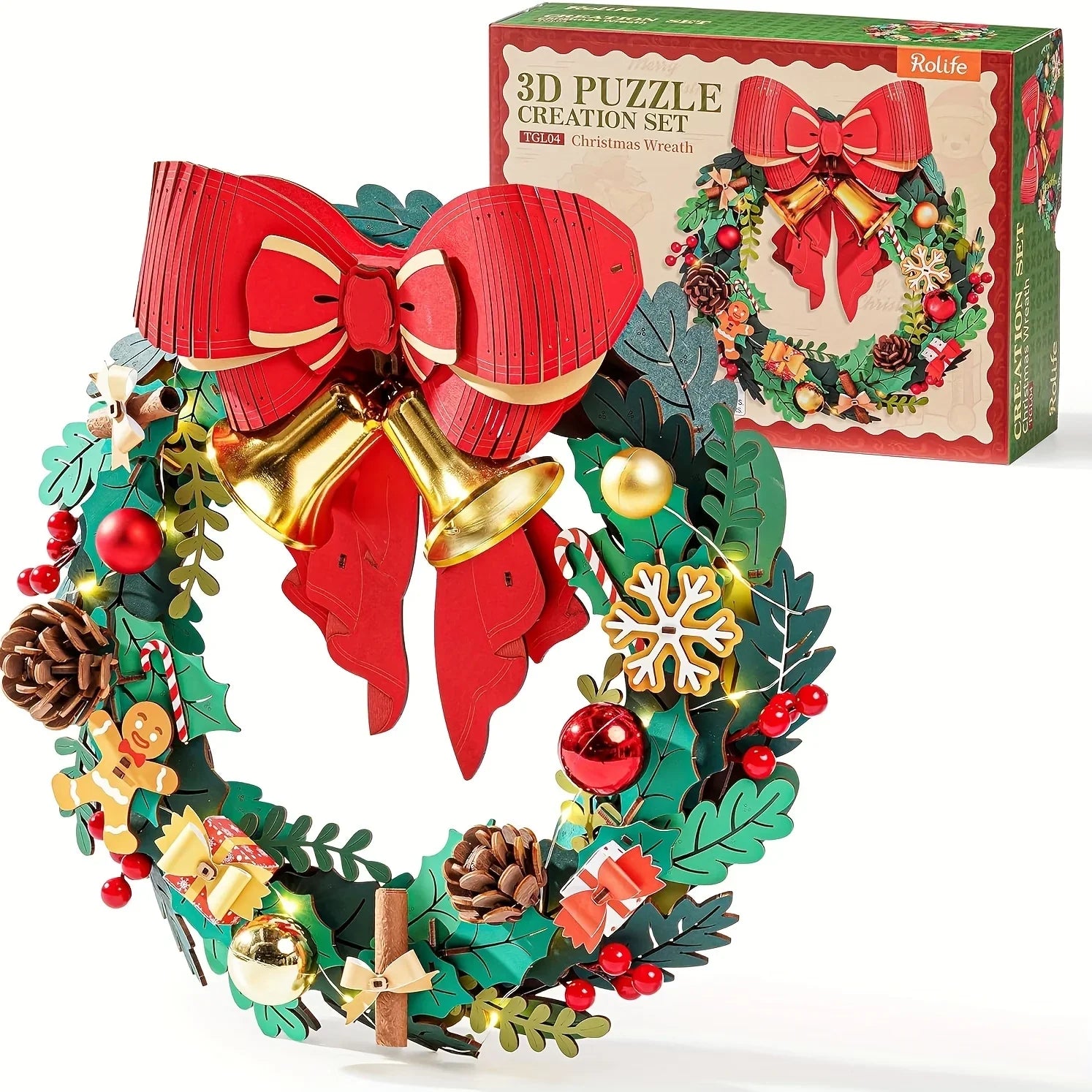Rolife 3D Puzzle Wreath Kit with Bow - 3D Christmas Door Decoration with Red & Golden Bow, Green Foliage, Pine Cones, Berries & Snowflakes - Challenging Puzzle for Adults & Teens 14+, Indoor/Outdoor Holiday Home Decor, Festiv House Of Avana