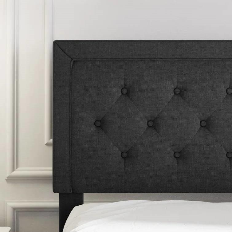 Queen Black Linen Upholstered Platform Bed Frame with Button-Tufted Headboard