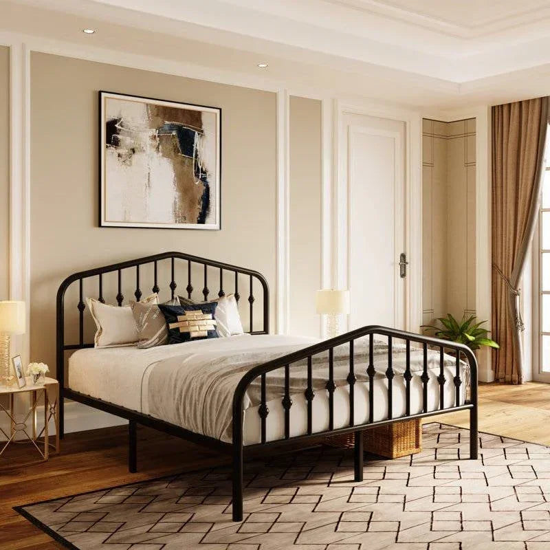 Queen Farmhouse Spindle Black Metal Platform Bed Frame with Headboard Footboard