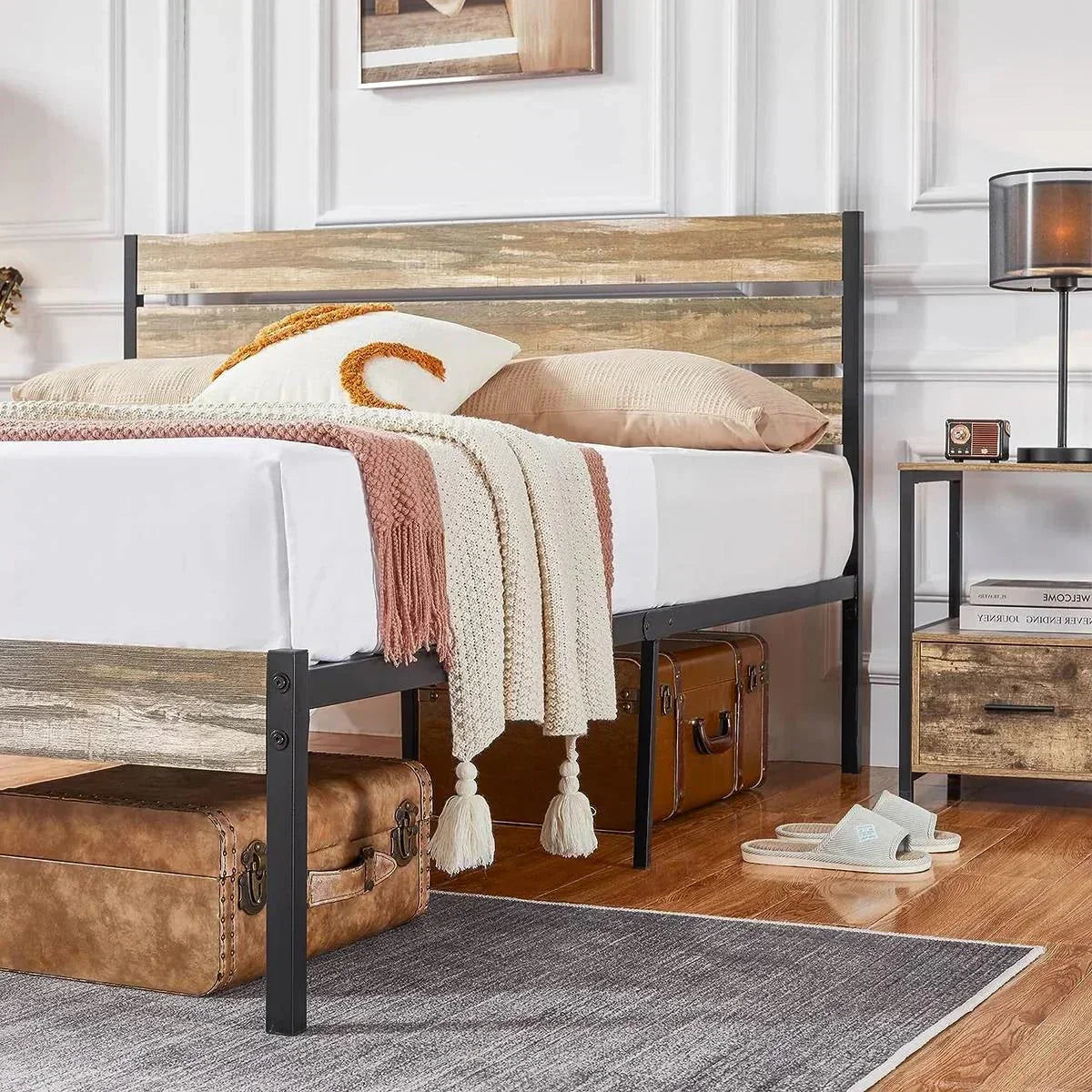 Queen Industrial Farmhouse Rustic Wood Metal Platform Bed Frame with Headboard