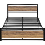 Queen Metal Platform Bed Frame with Brown Wood Panel Headboard and Footboard