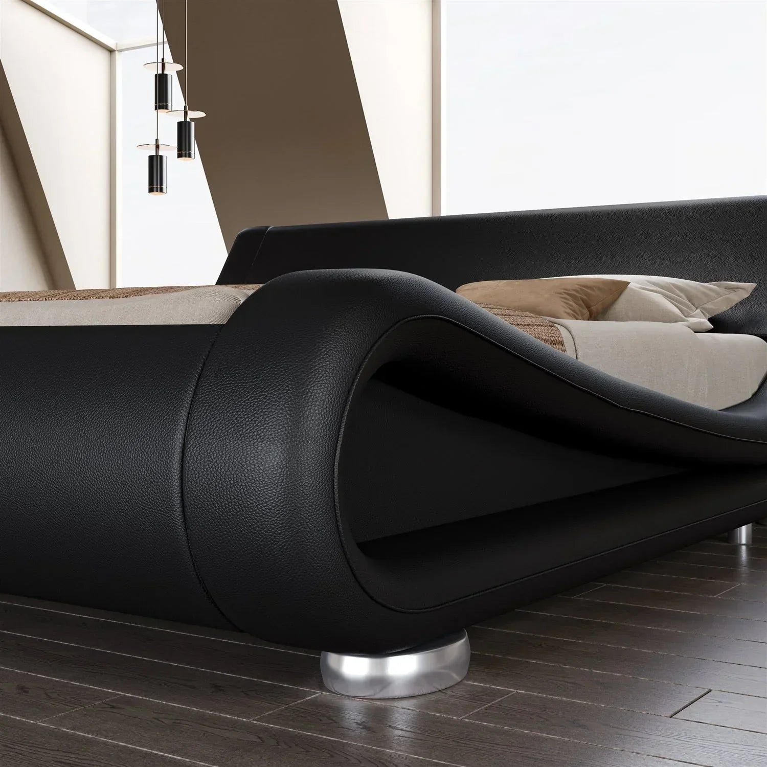 Queen Modern Black Upholstered Platform Bed Frame with Sleigh Curved Headboard
