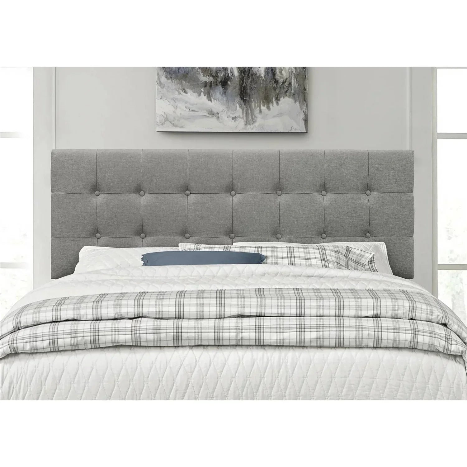 Queen Modern Classic Style Button-Tufted Headboard in Grey Upholstered Fabric