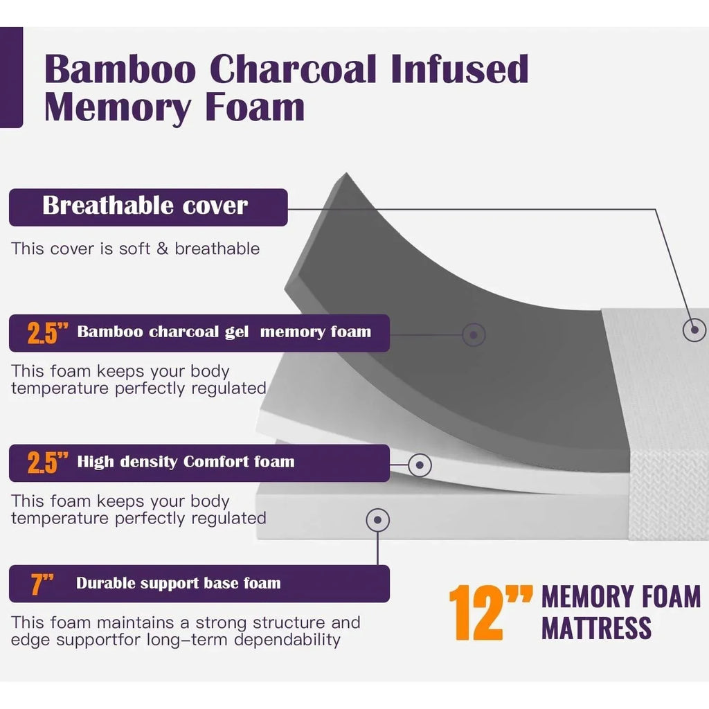 Queen size 12-inch Charcoal Infused Memory Foam Mattress with Removable Cover