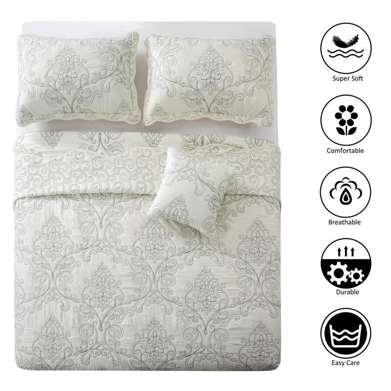 Queen size Antique White Damask Embroidered 4 Piece Oversized Bedspread Set