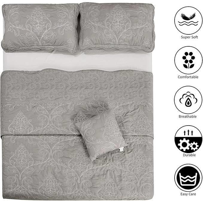 Queen size Ash Grey Damask Embroidered 4 Piece Oversized Bedspread Set