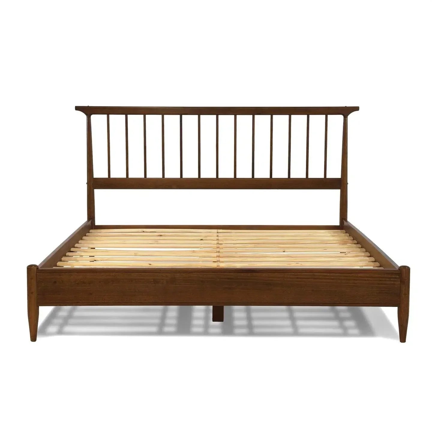Queen Size Hardwood Mid Century Platform Bed Frame with Headboard in Walnut