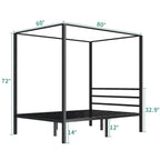 Queen size Modern Four Poster Metal Canopy Bed in Black Finish