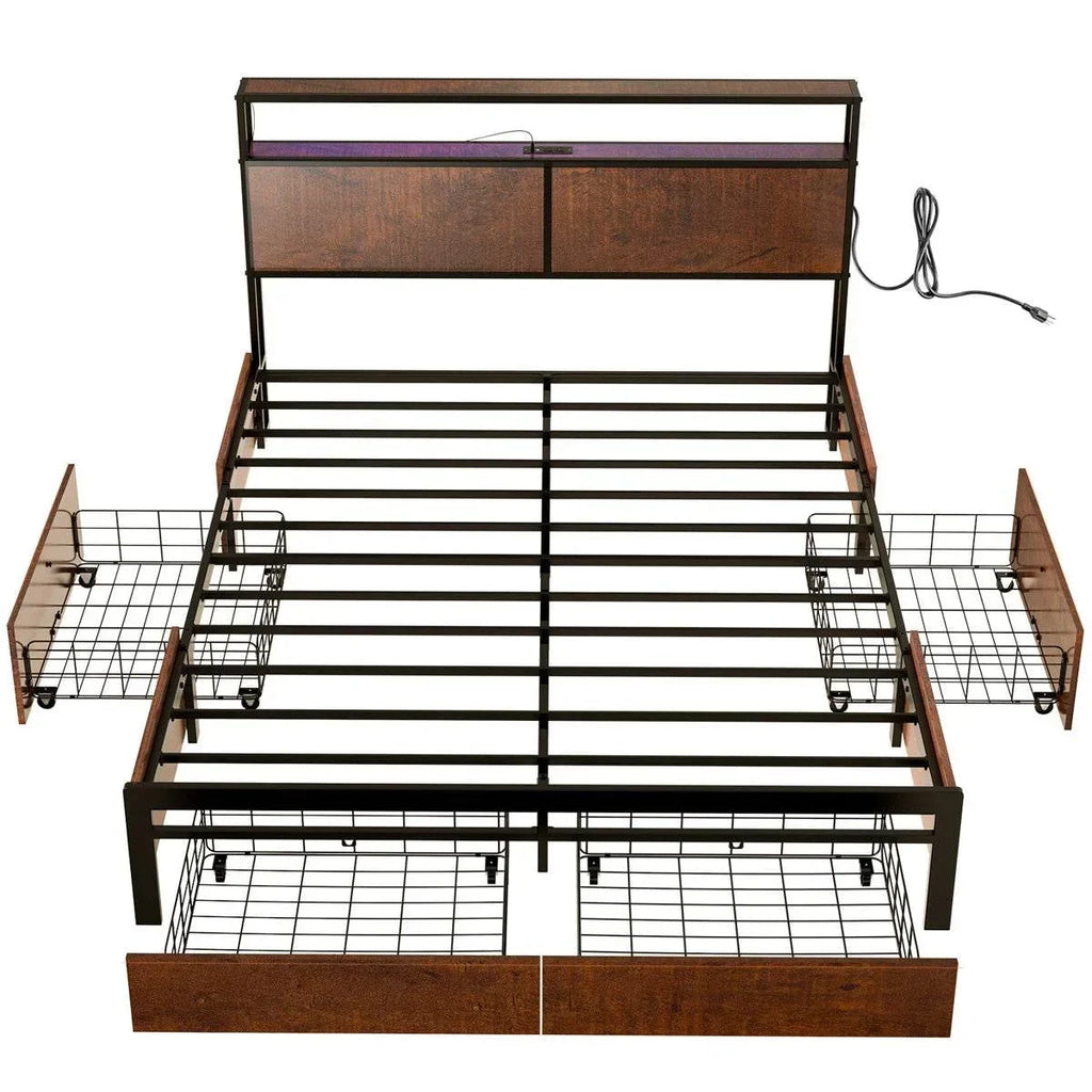 Queen size Platform Bed with Headboard and Storage Drawers in Brown Wood Finish