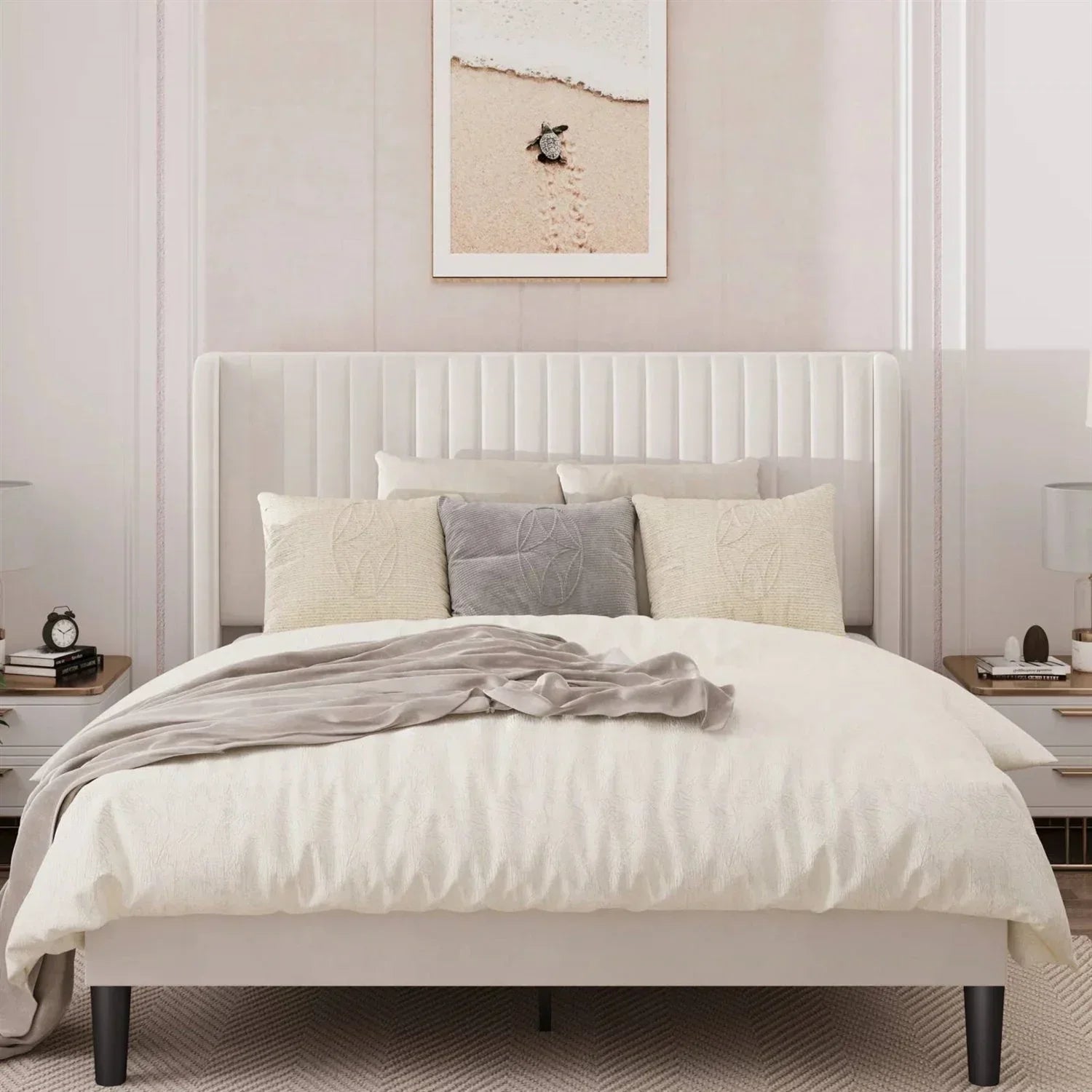 Queen size White Velvet Upholstered Platform Bed Frame with Wingback Headboard