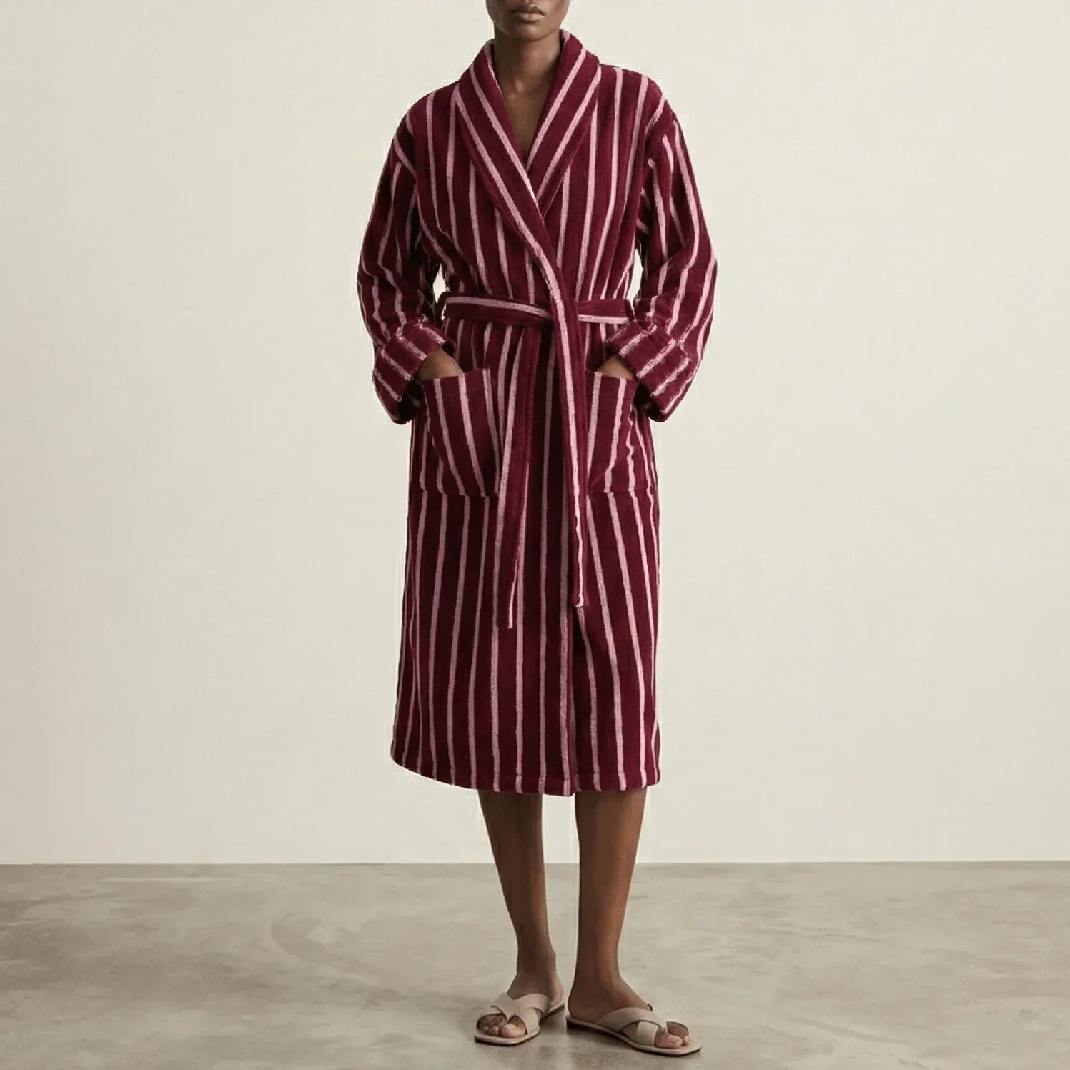 Quiet Evening Striped Robe Set / Burgundy Ever Lasting