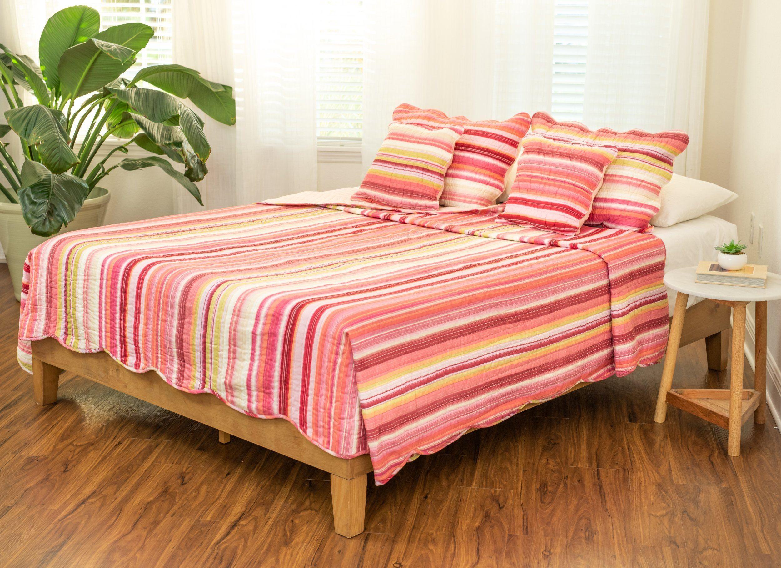 DaDa Bedding Multi-Red Pink Boho Summer Stripes Scalloped Lightweight Coverlet Bedspread Set (DXJ101824) DaDalogy Bedding Collection