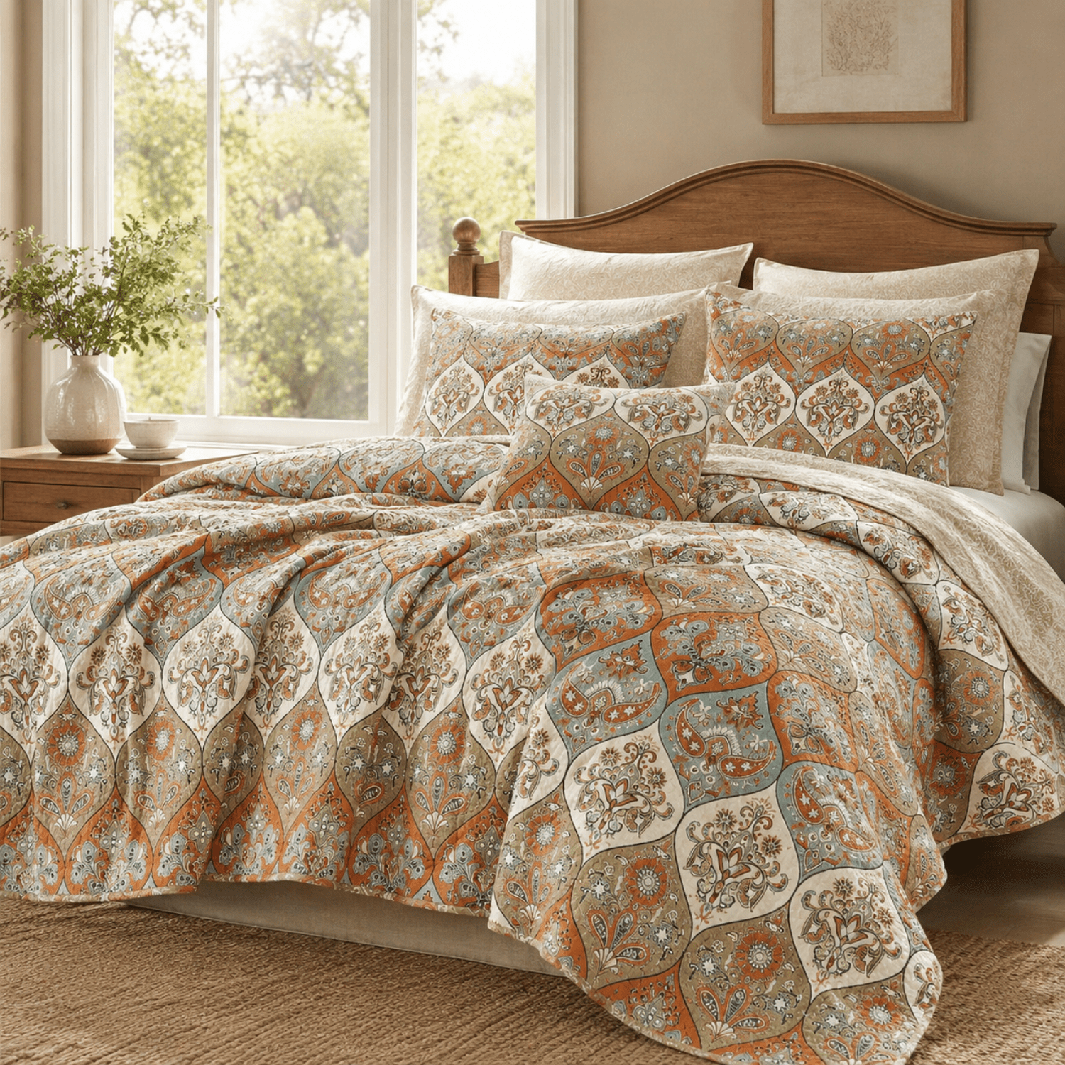 DaDa Bedding Bohemian Floral Paisley Garden Coral Teal Quilted Bedspread Set (LH1403)