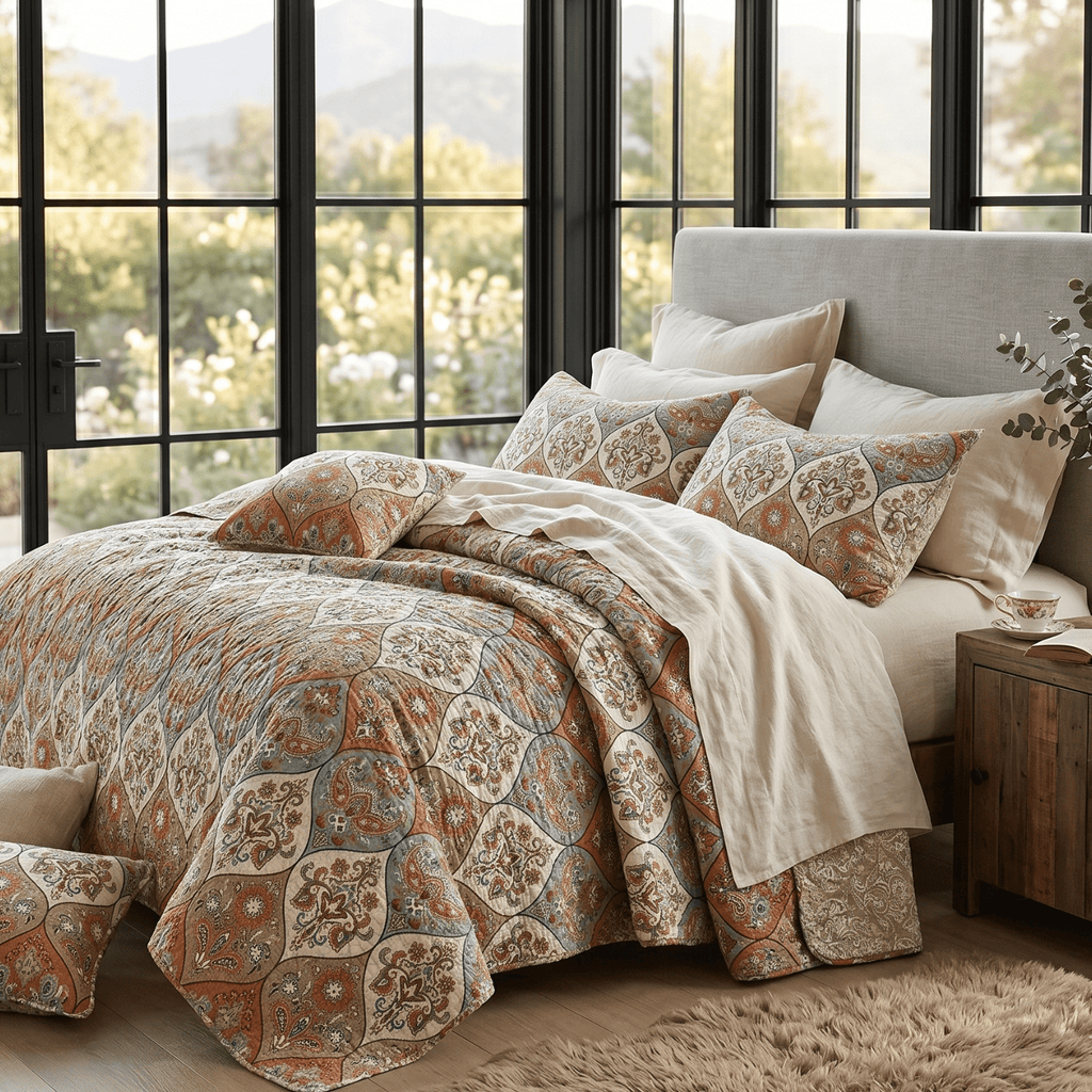 DaDa Bedding Bohemian Floral Paisley Garden Coral Teal Quilted Bedspread Set (LH1403)