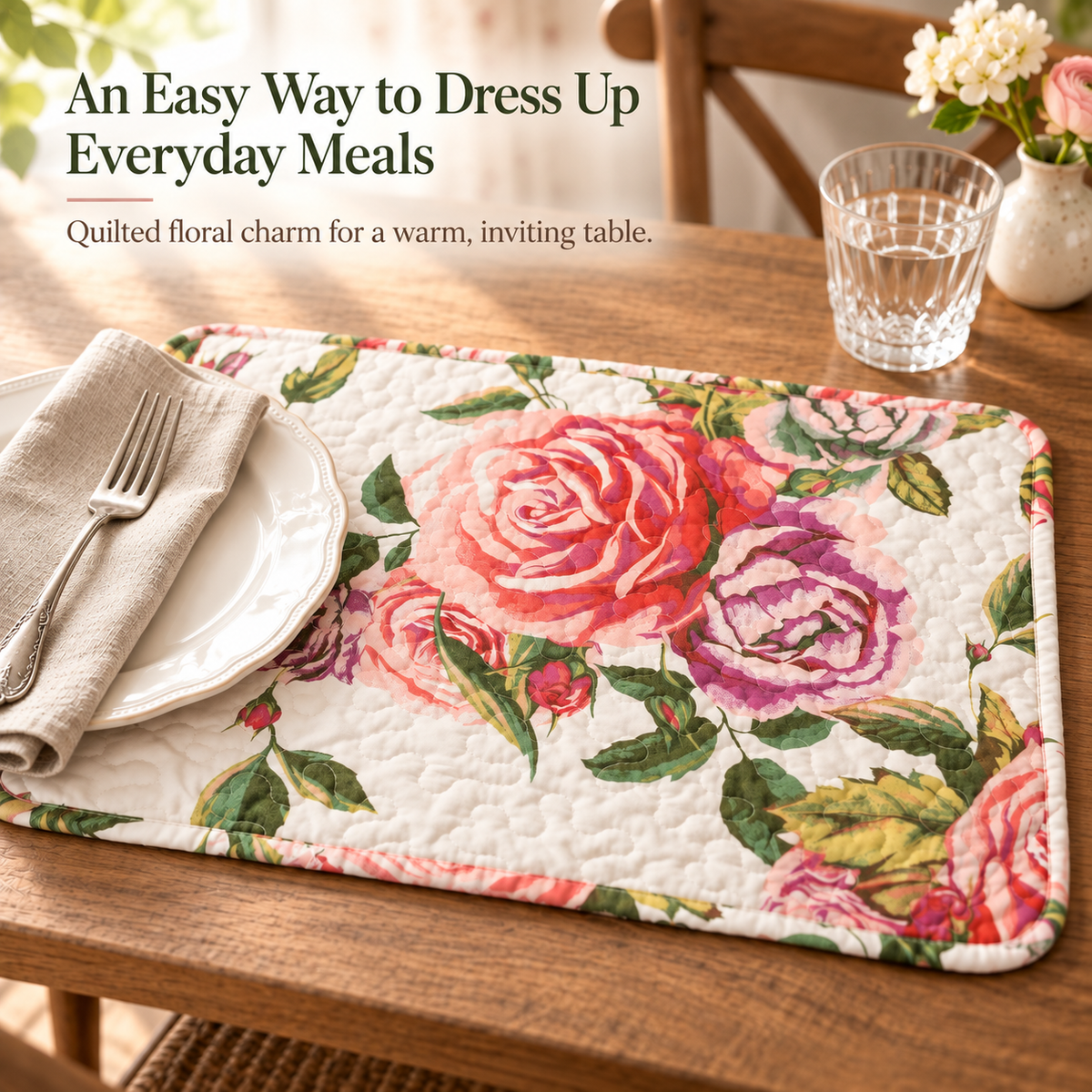 DaDa Bedding Set of 4-Pieces Romantic Roses Pink Floral Quilted Dining Placemats 13” x 19” (879)