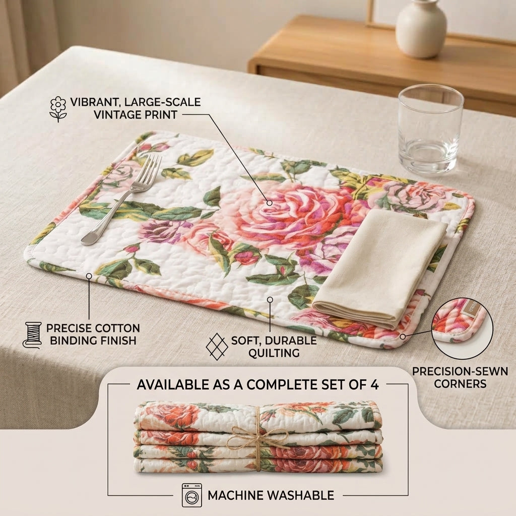 DaDa Bedding Set of 4-Pieces Romantic Roses Pink Floral Quilted Dining Placemats 13” x 19” (879)