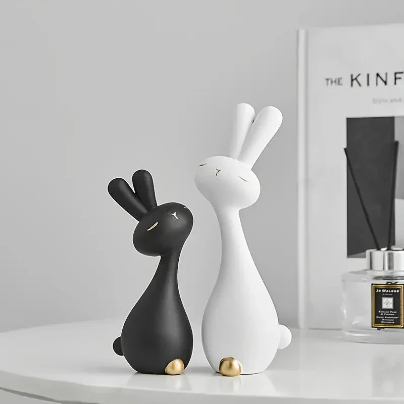 Rabbit Figurines - Decorative Black White Set