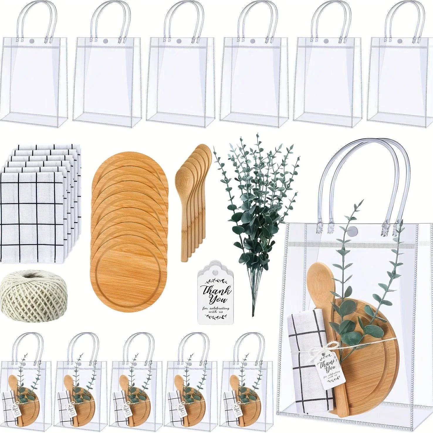 6 Sets Shower Prizes for Game Players & Wedding Favors - Bamboo Cheese Board, Bamboo Spoon, Plaid Towel, Artificial Eucalyptus Stems & Thank You Tags - Reusable Guest Gifts for Bridal Showers, Christmas, Halloween Events, Sty House Of Avana