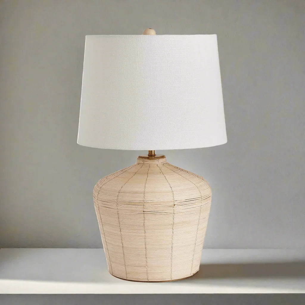 Rattan Table Lamp with Curved Base and White Shade Vintage Shopper