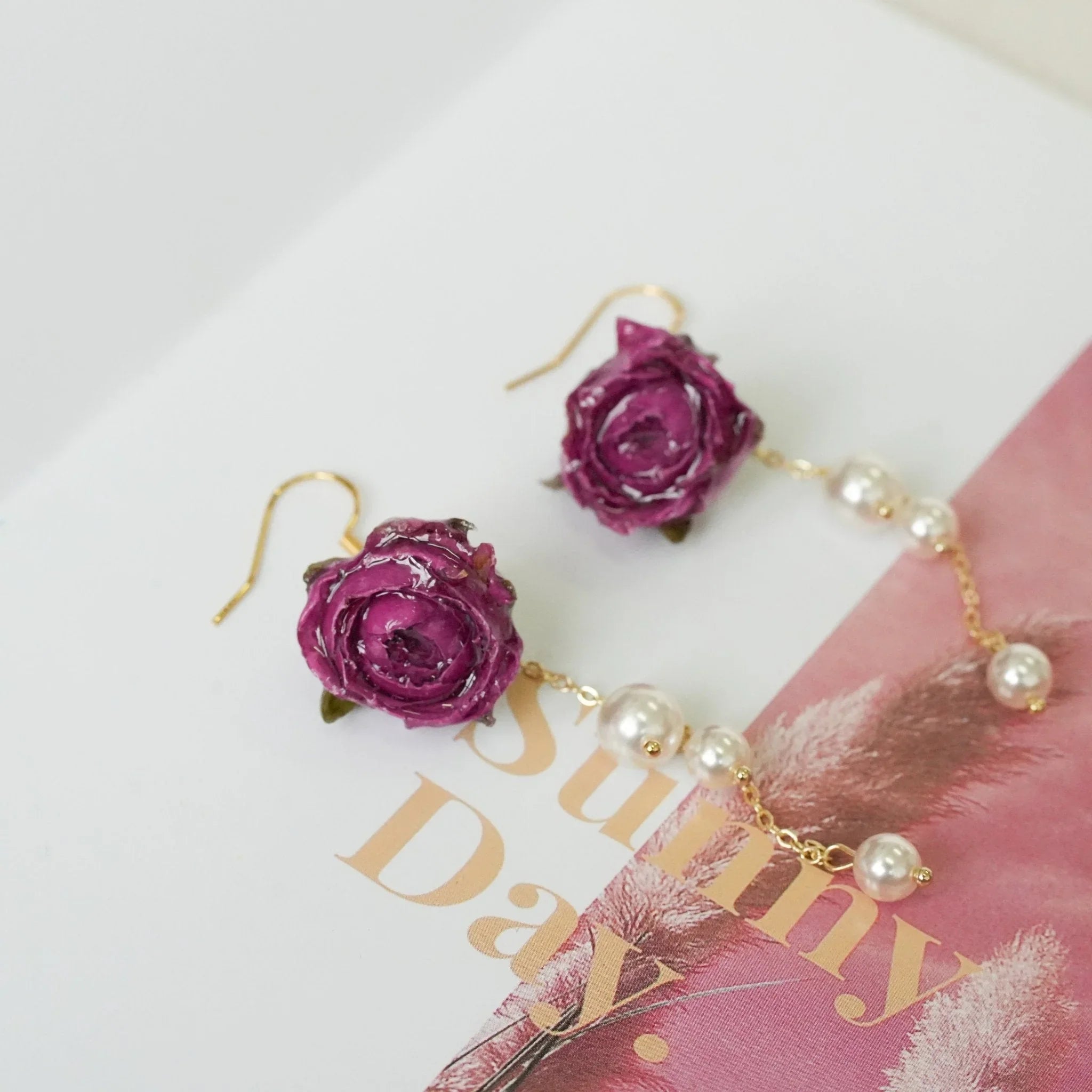 Real Rose Pearl Chain Earrings