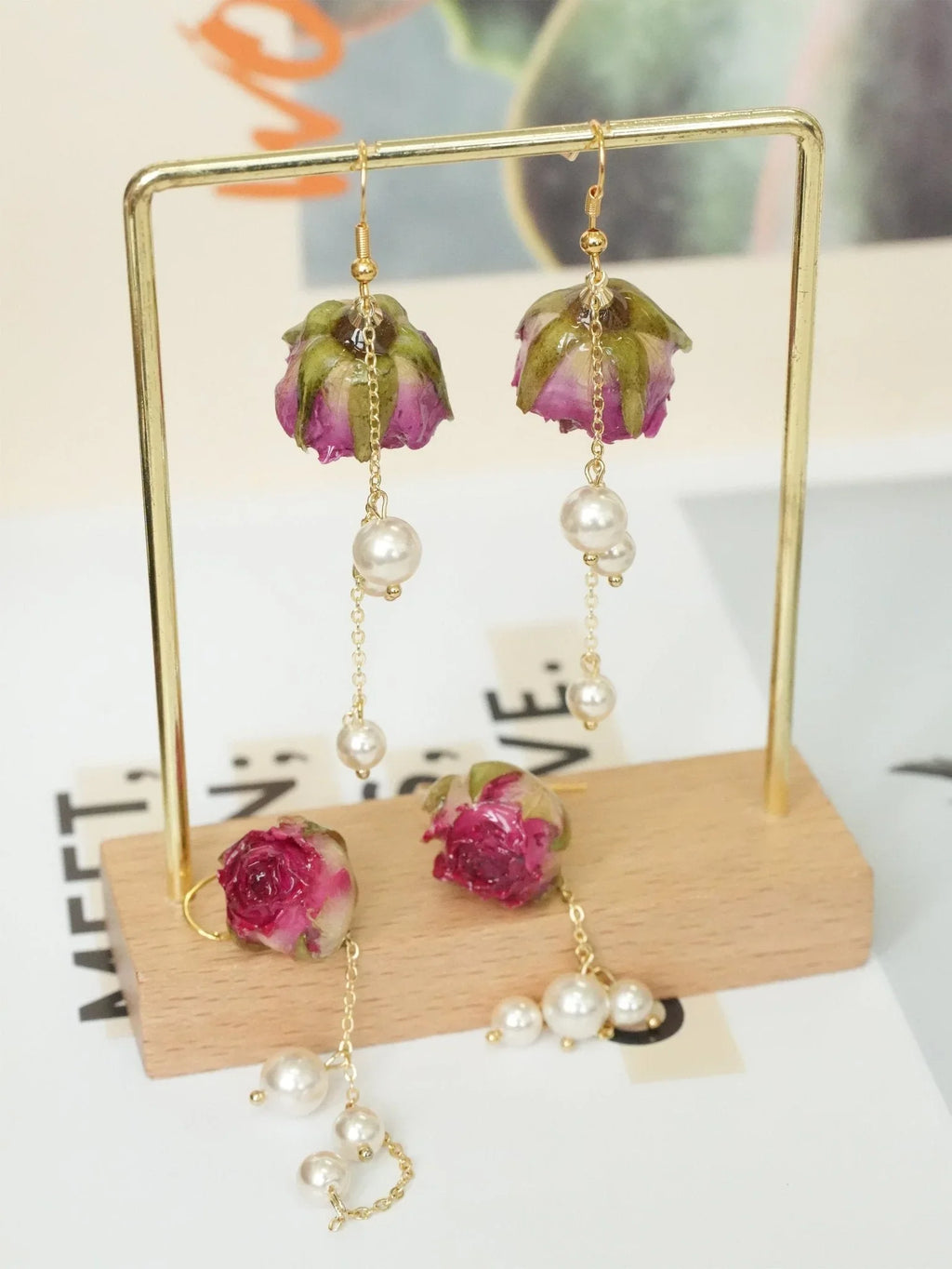 Real Rose Pearl Chain Earrings