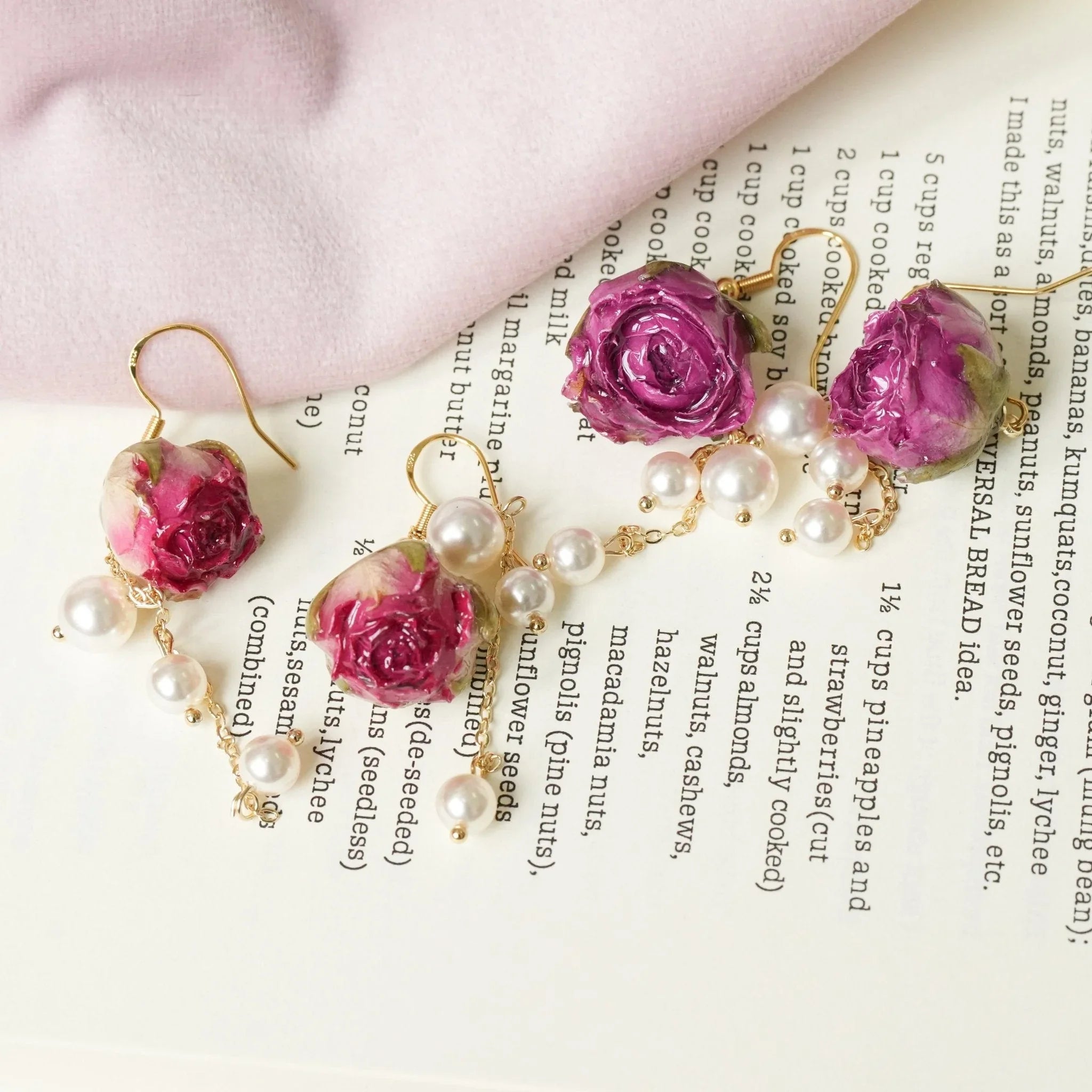 Real Rose Pearl Chain Earrings