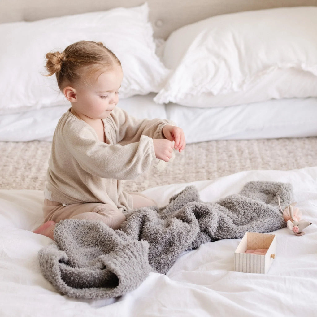 Soft gray Bamboni receiving blankets, plush texture, gentle stitching - House of Avana