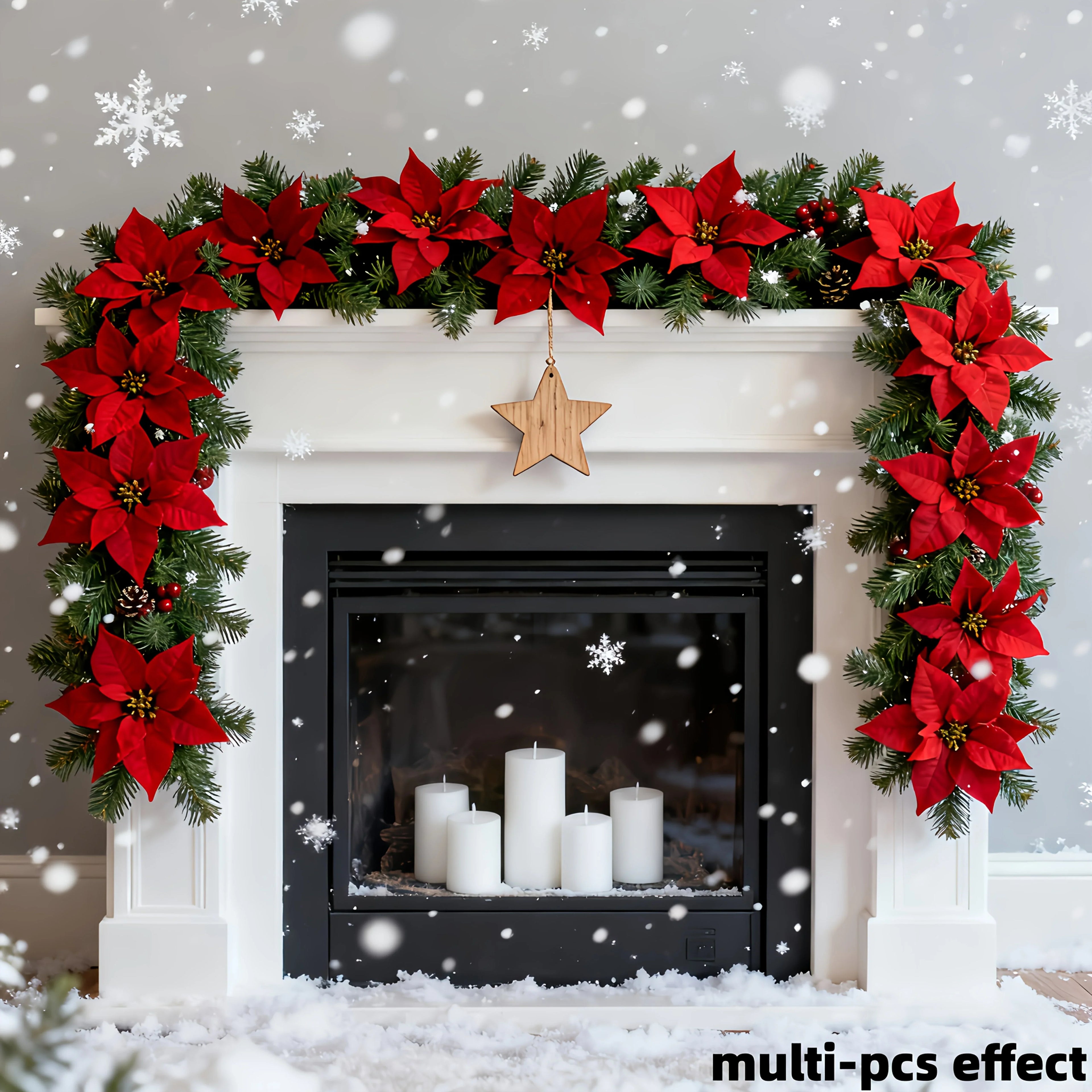 Artificial Poinsettia Vine Garland, 239.78cm Red for Indoor/outdoor Use, close-up view - House Of Avana