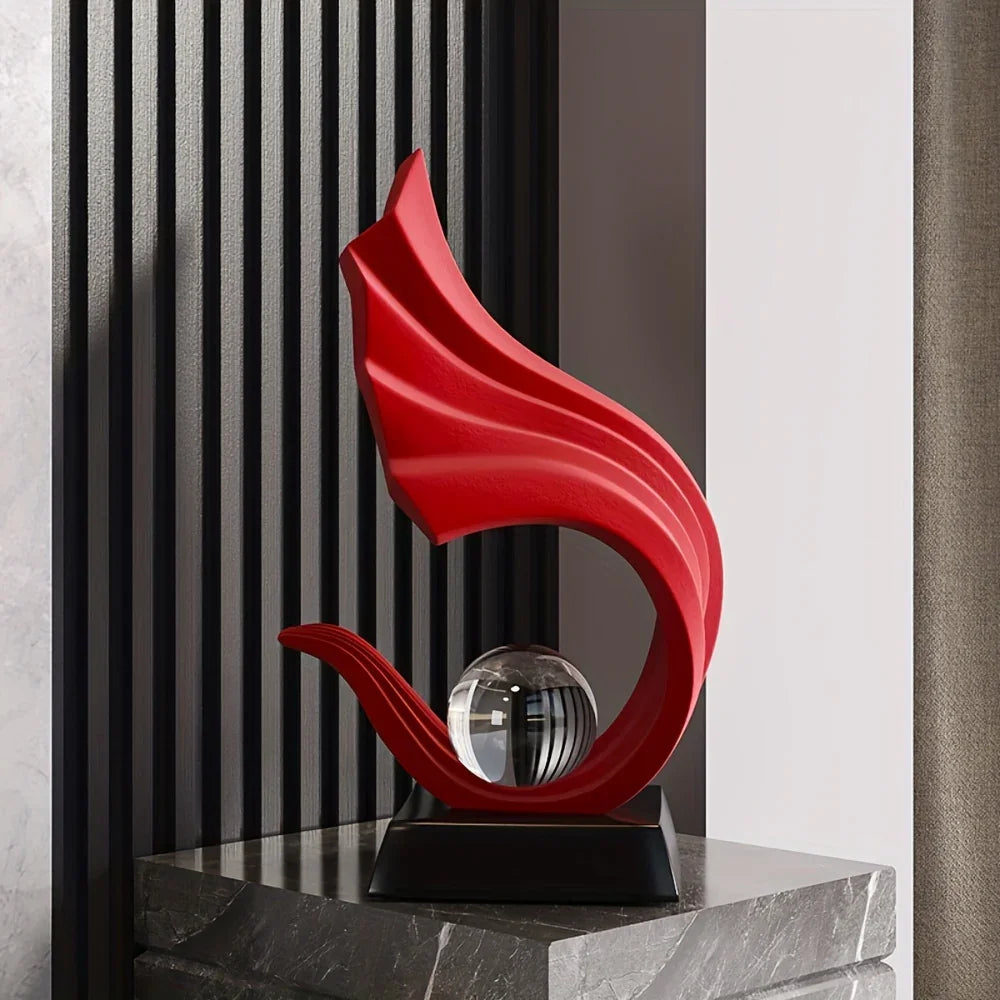 Modern Resin Sculpture with Ball Ornament - Red & Black Flowing Design, Sleek Base for Stability -... - House Of Avana