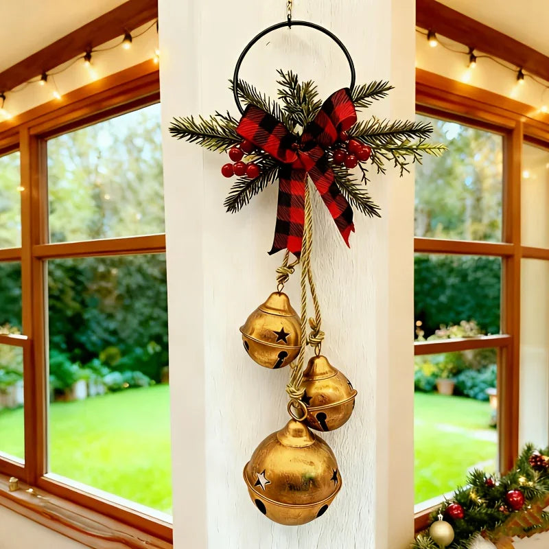 1pc Christmas Triple Bell with Bow Doorbell String|Vintage Red Burlap Handmade|Large Oversized Durable Classic|for Door Wreath, Door Knocker, Christmas Tree, Outdoor Hanging Holiday Decor, Holiday Decoration, Seasonal Ornamen House Of Avana [[SKU:HOA-XMS-411-A]]