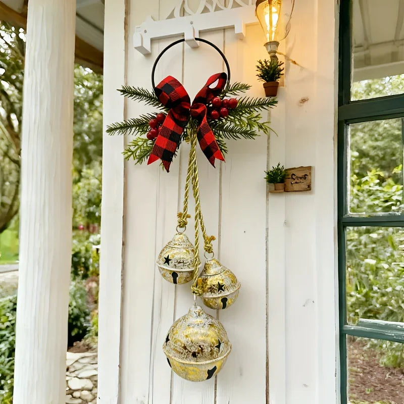 1pc Christmas Triple Bell with Bow Doorbell String|Vintage Red Burlap Handmade|Large Oversized Durable Classic|for Door Wreath, Door Knocker, Christmas Tree, Outdoor Hanging Holiday Decor, Holiday Decoration, Seasonal Ornamen House Of Avana