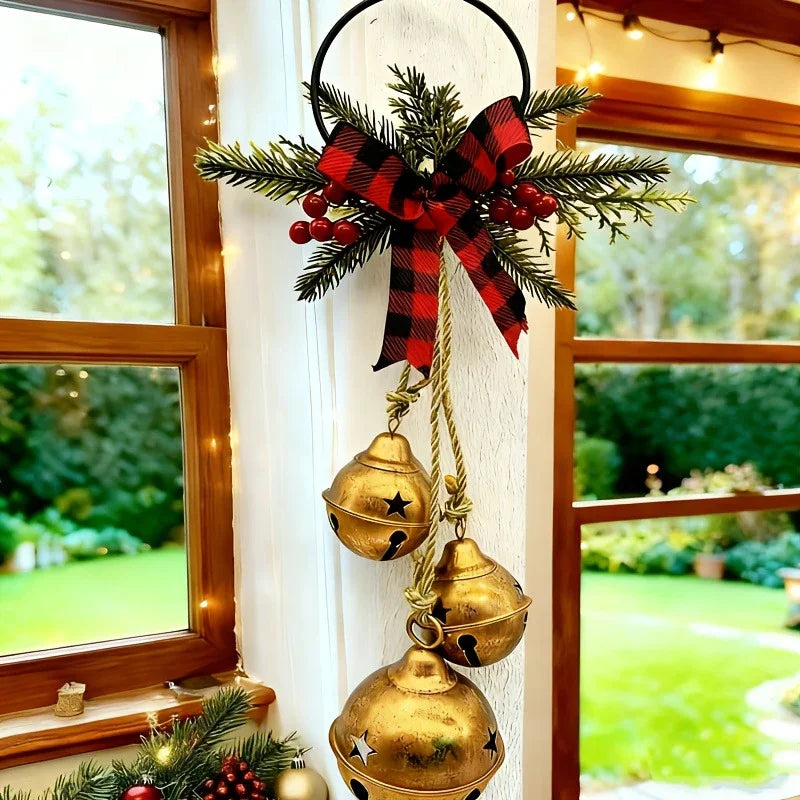 1pc Christmas Triple Bell with Bow Doorbell String|Vintage Red Burlap Handmade|Large Oversized Durable Classic|for Door Wreath, Door Knocker, Christmas Tree, Outdoor Hanging Holiday Decor, Holiday Decoration, Seasonal Ornamen House Of Avana [[SKU:HOA-XMS-411]]