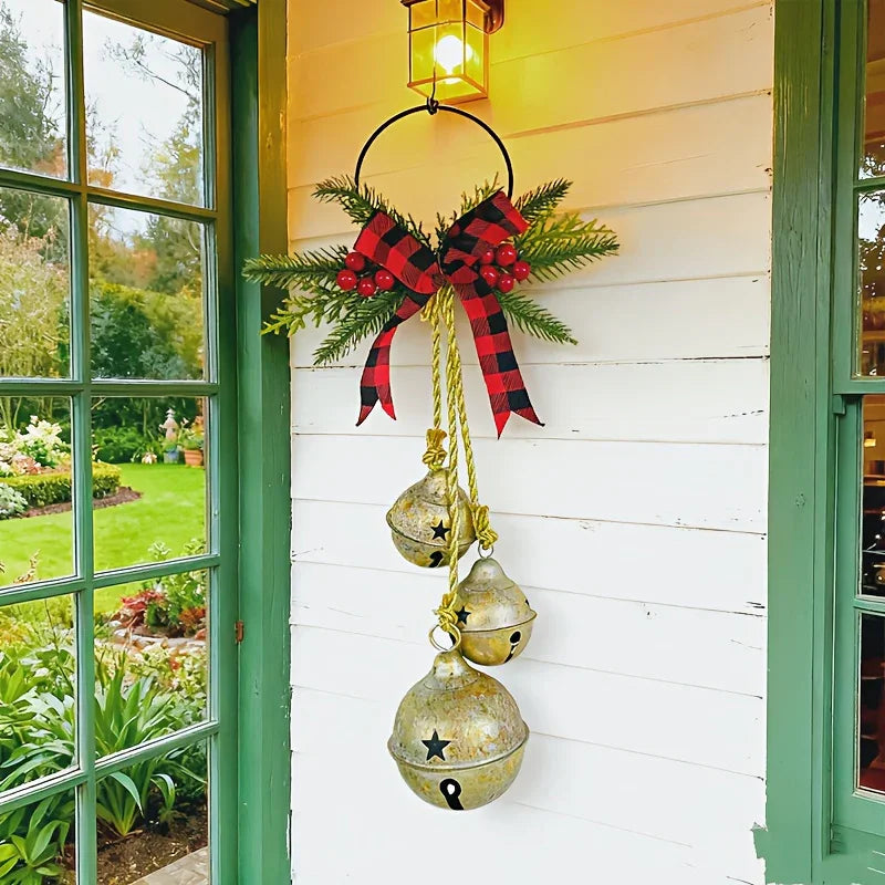 1pc Christmas Triple Bell with Bow Doorbell String|Vintage Red Burlap Handmade|Large Oversized Durable Classic|for Door Wreath, Door Knocker, Christmas Tree, Outdoor Hanging Holiday Decor, Holiday Decoration, Seasonal Ornamen House Of Avana [[SKU:HOA-XMS-411]]