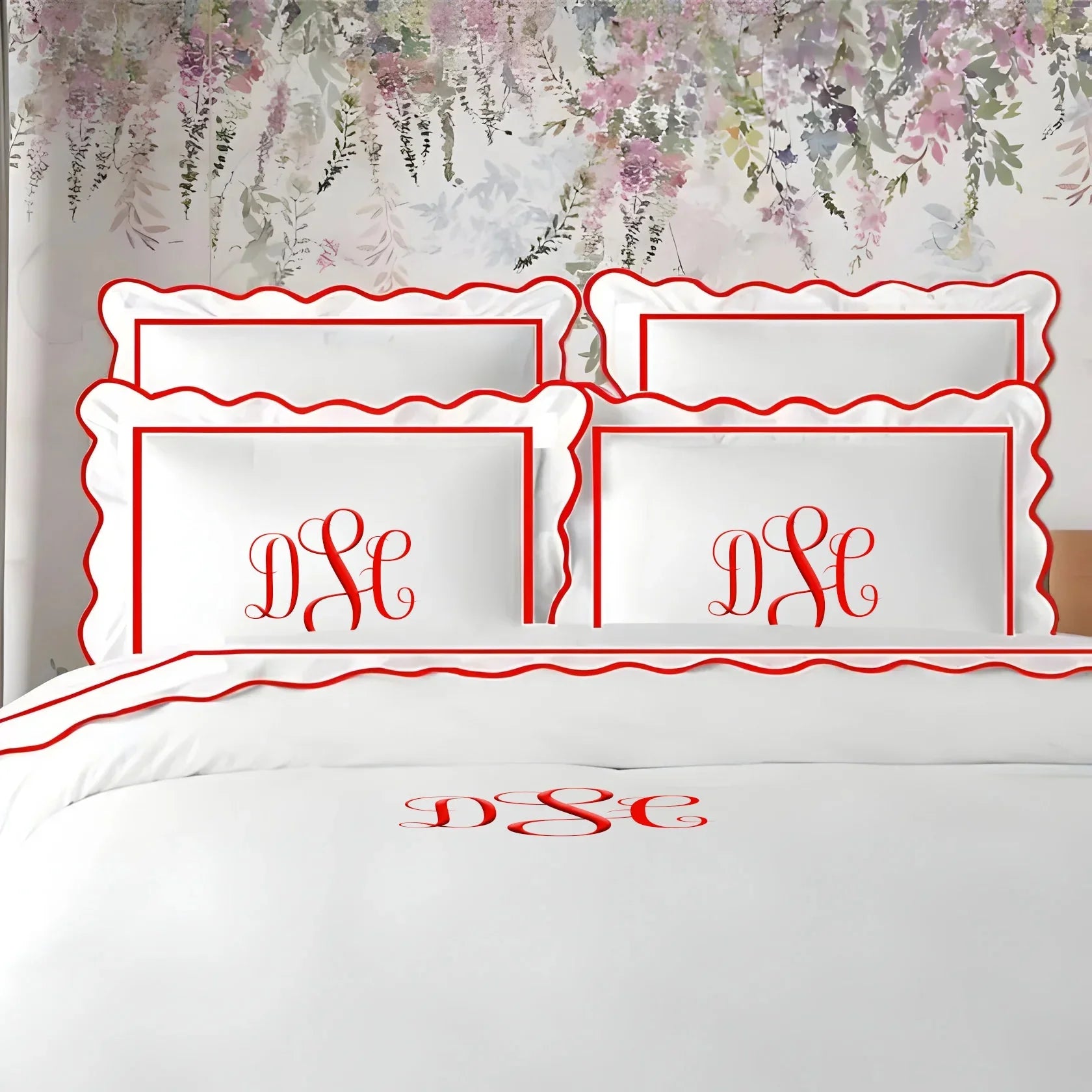 Monogram 400TC Cotton Scallop Embroidery & Border Sateen Solid Duvet Cover Set PushpLinen