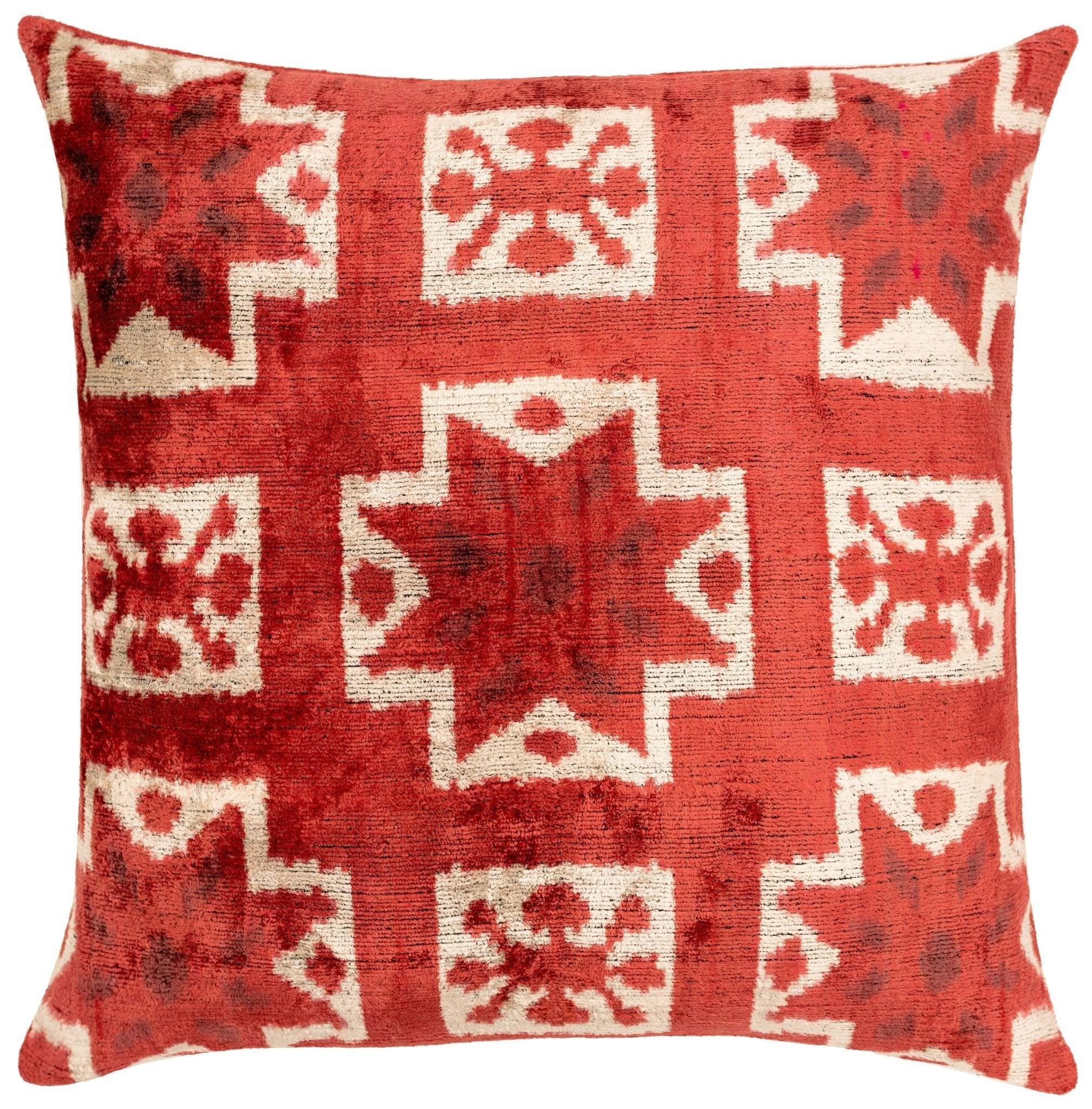Handmade Velvet Throw Pillow with Red and Cream Geometric Star Design - High-quality 20x20 Inch... - House Of Avana