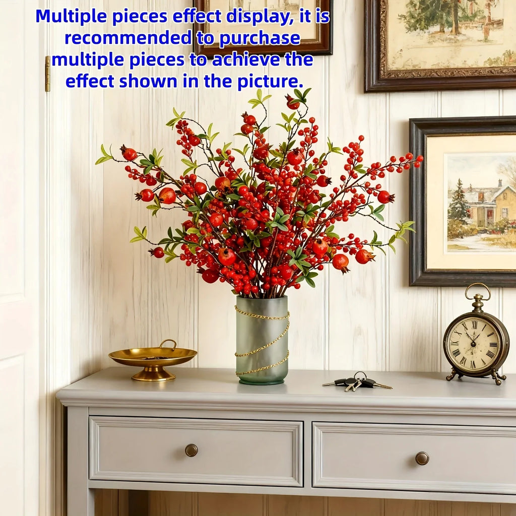 Artificial Floral Pomegranate Decoration with Red Winterberry Berries and Dark Stems - House Of Avana