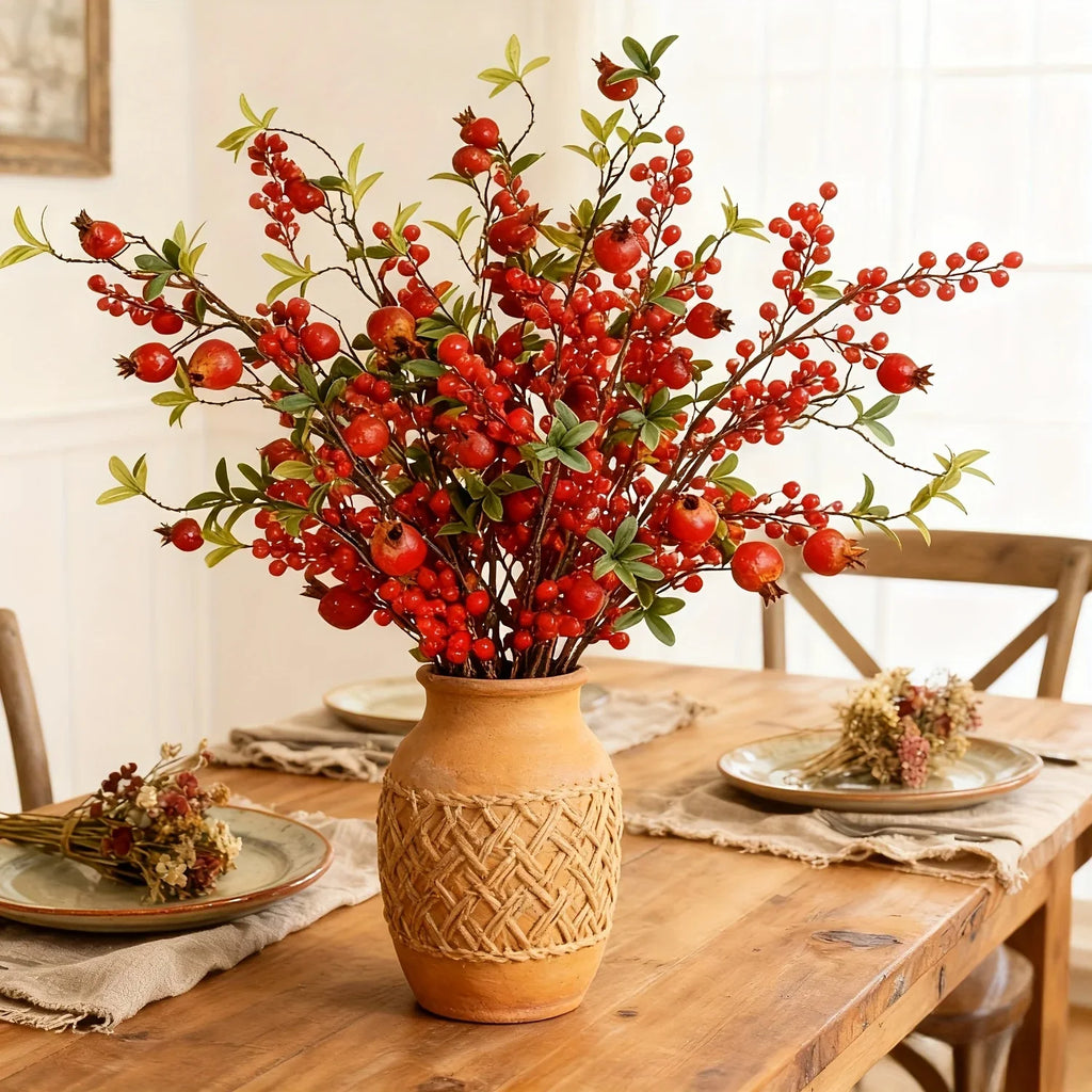 Artificial Floral Pomegranate Decoration with Red Winterberry Berries and Dark Stems - House Of Avana