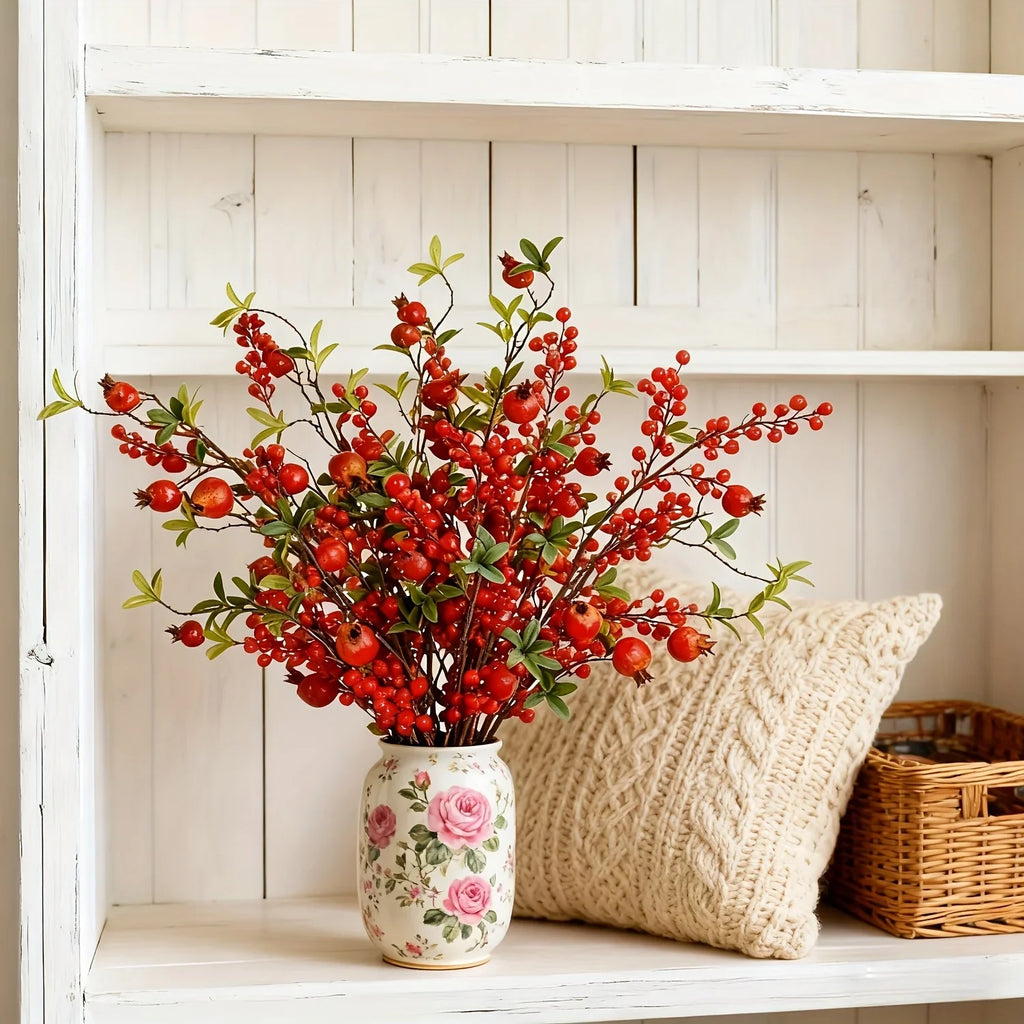 Artificial Floral Pomegranate Decoration with Red Winterberry Berries and Dark Stems - House Of Avana