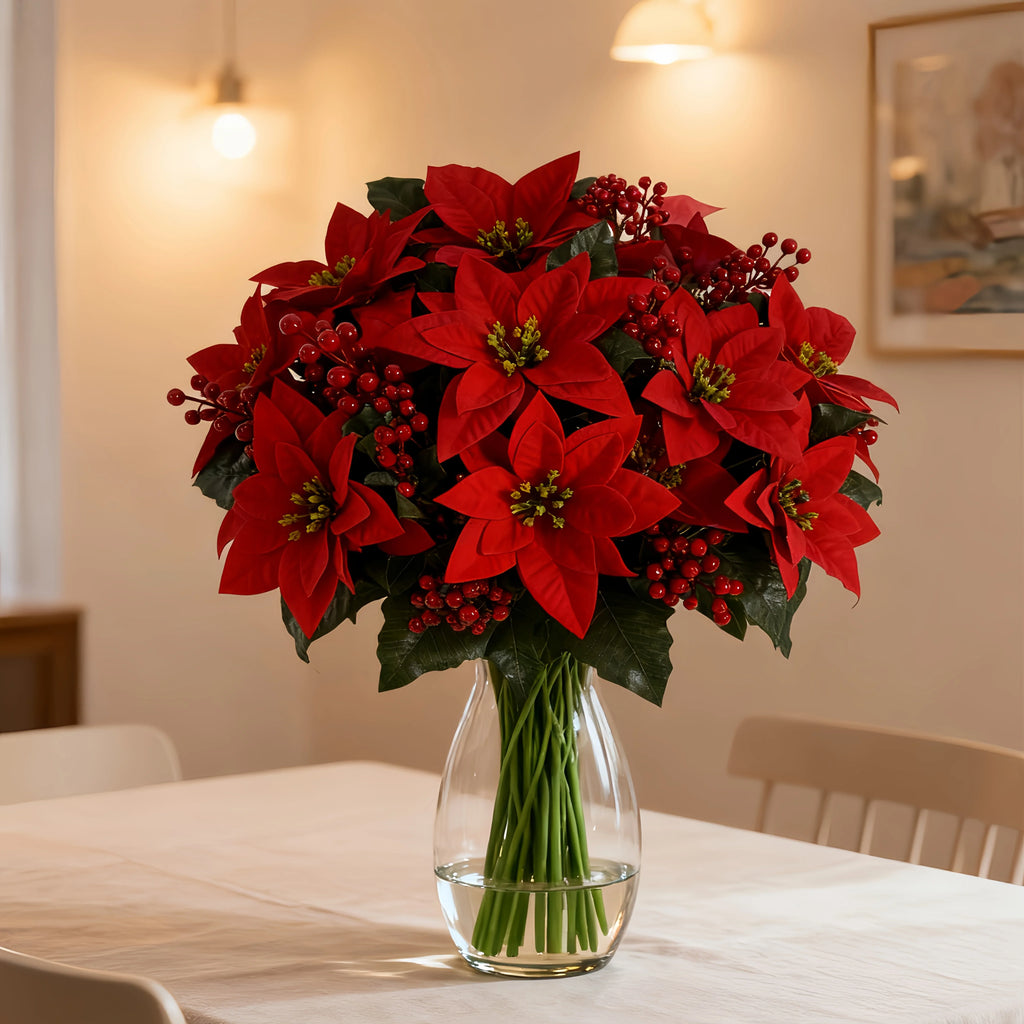 Artificial Poinsettia Flower Bundle - Red Christmas Wreath with Foliage - House Of Avana