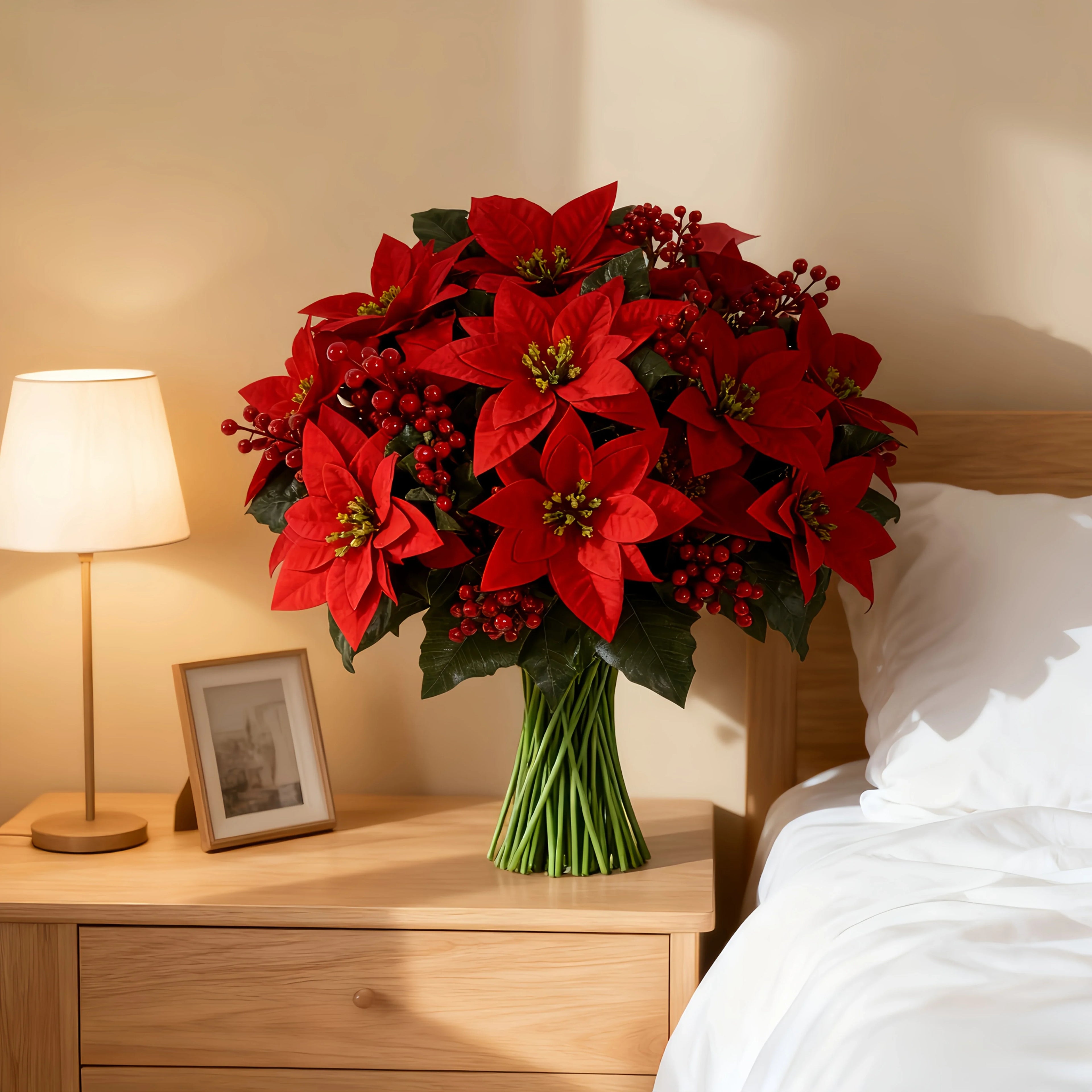 Artificial Poinsettia Flower Bundle - Red Christmas Wreath with Foliage - House Of Avana
