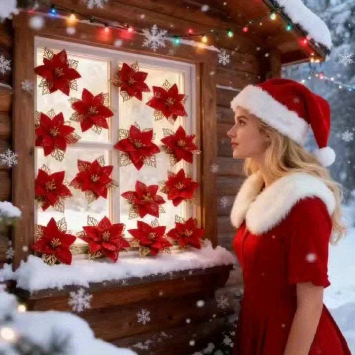 Artificial Christmas Flowers, 14cm Red with Golden Edges and Clips - House Of Avana